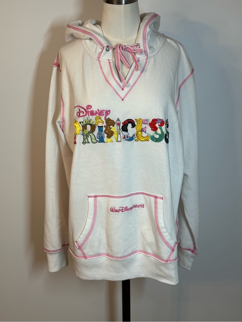 Disney White Hoodie with Pink Trim and Multicolor Princess Embroidery Y2 K